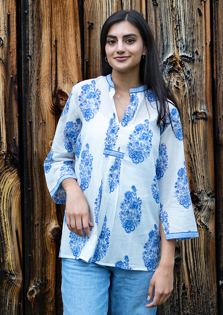 Anokhi USA - Pintuck Blouse in Blue Bouquet
